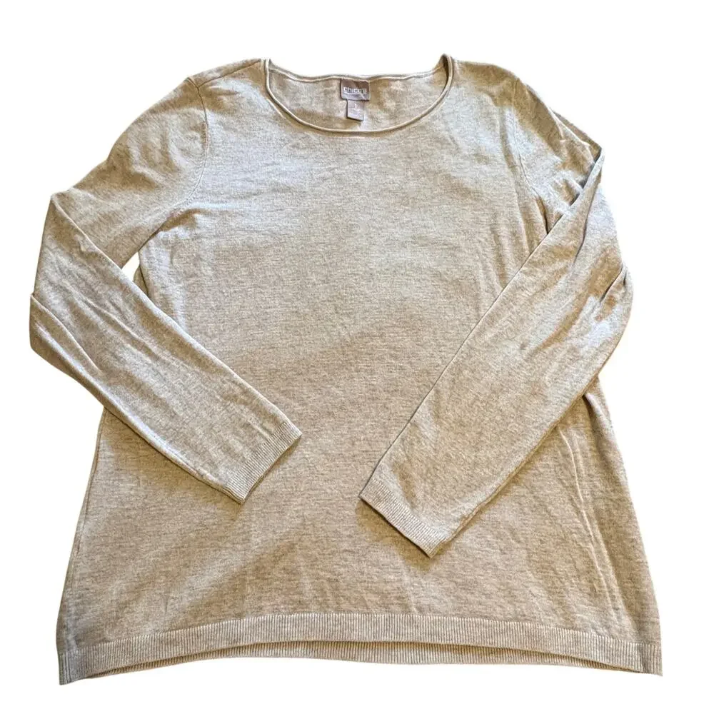 Chico's Heathered Crewneck Pullover 1 Knit Long Sleeve Lighweight Beige